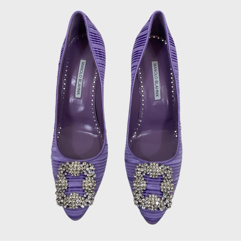 Manolo Blahnik New in Box Hangisi Purple Pleated Satin Pumps Size 39 1/2 - Picture 4 of 12